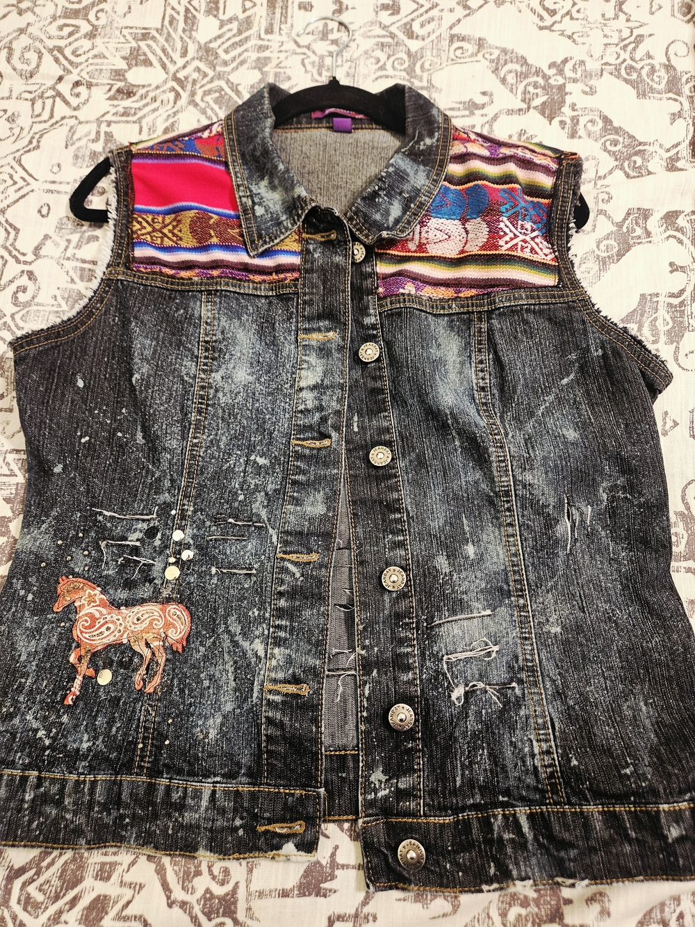 Sleeveless Distressed Denim Vest with Colorful Aztec Yoke